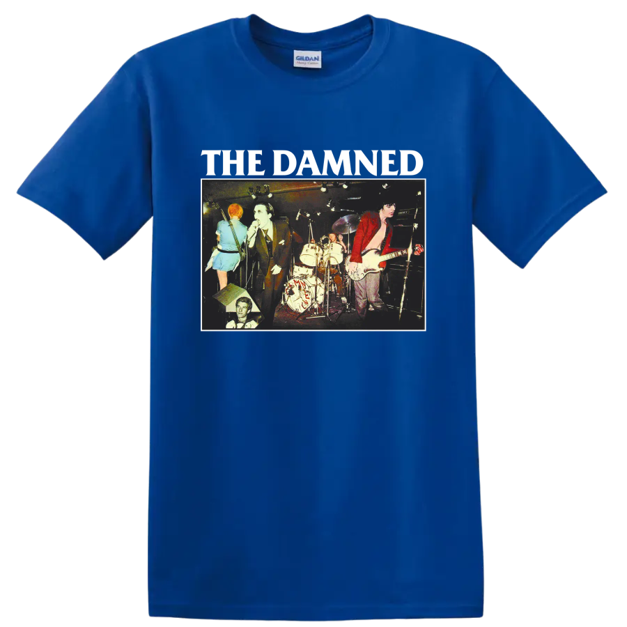 The Damned vintage punk rock live concert graphic with band lettering on a Royal (Blue) T Shirt