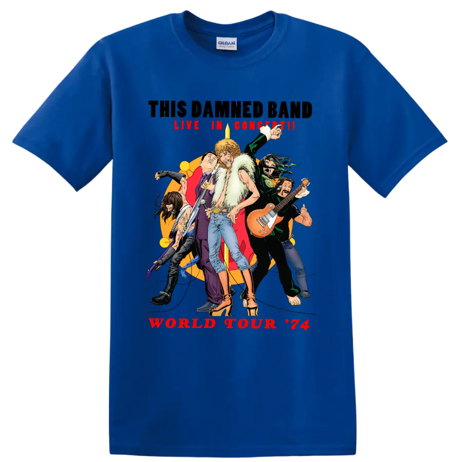 The Damned World Tour 74 vintage punk rock musicians graphic on a Royal (Blue) T Shirt