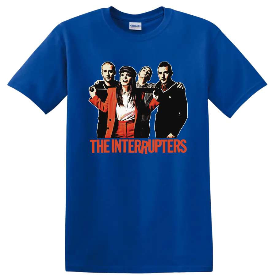 The Interrupters punk rock band portrait with red band name graphic on a Royal (Blue) T Shirt