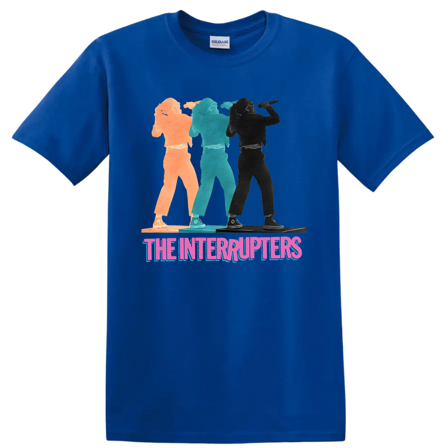 The Interrupters punk rock band graphic with three distressed performer silhouettes on a Royal (Blue) T Shirt