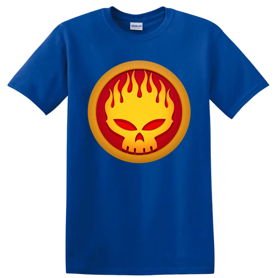 The Offspring flaming face punk rock logo graphic on a Royal (Blue) T Shirt