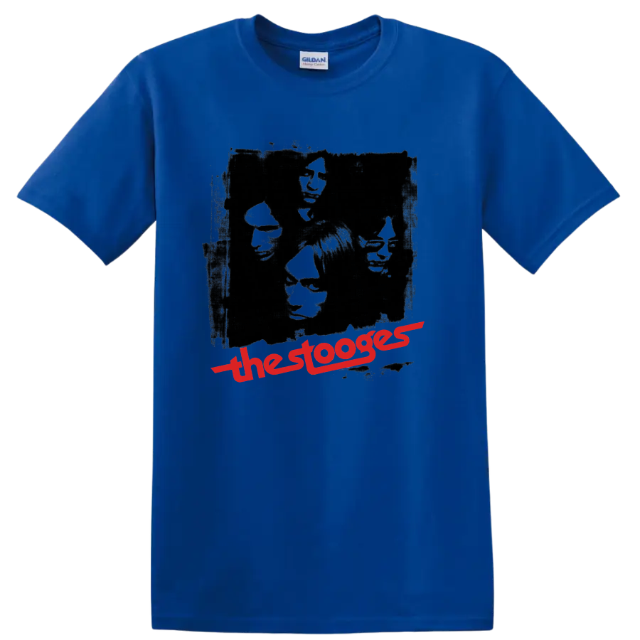 The Stooges vintage punk rock portrait collage with red band lettering on a Royal (Blue) T Shirt