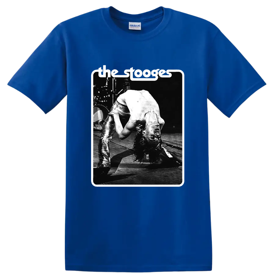 The Stooges black-and-white punk rock live performance graphic on a Royal (Blue) T Shirt