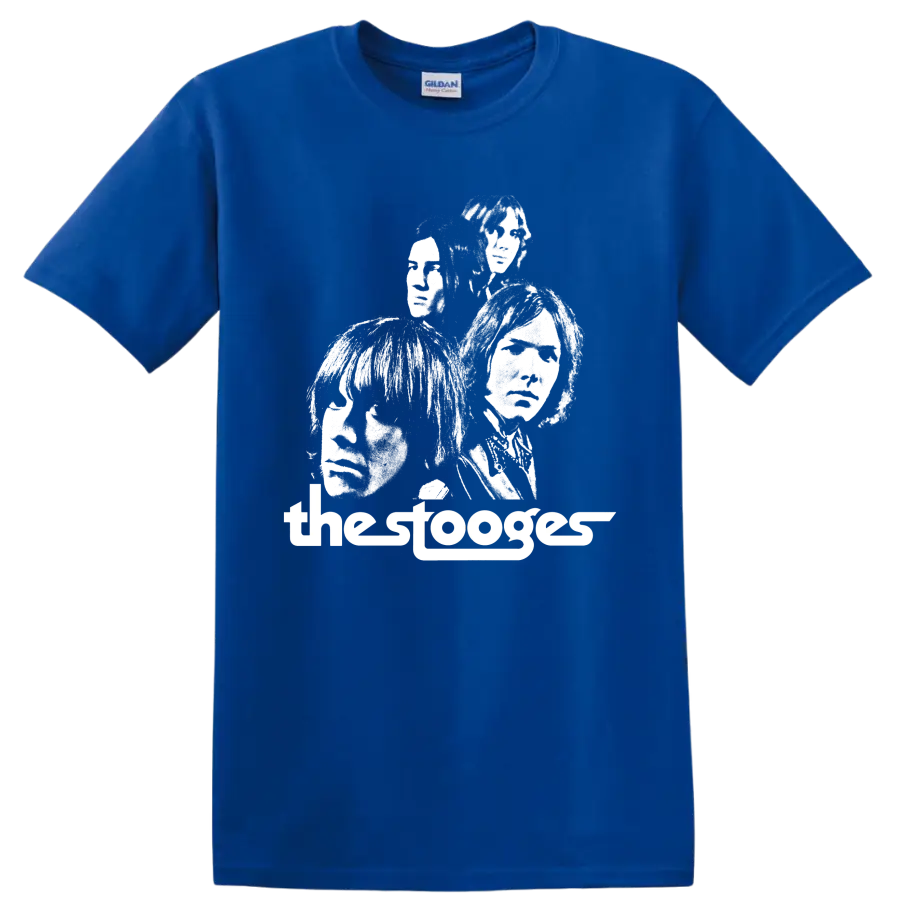 The Stooges high-contrast punk rock band portrait graphic on a Royal (Blue) T Shirt
