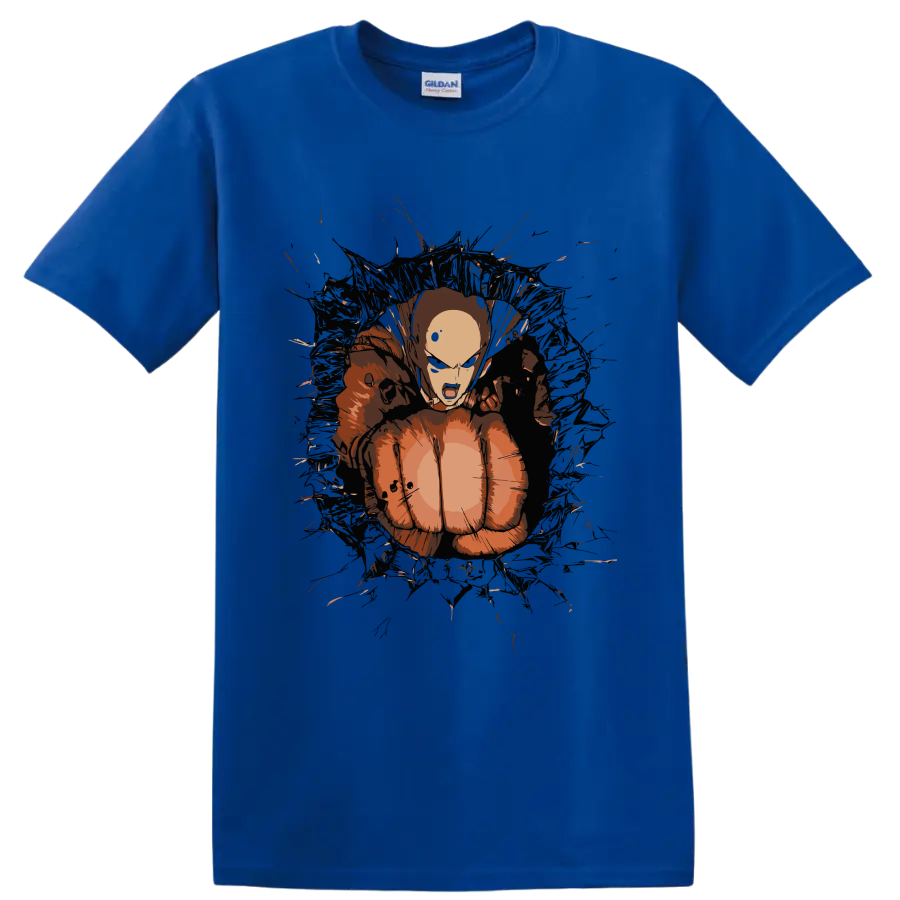 Saitama in a distressed anime action graphic from One-Punch Man on a Royal (Blue) T Shirt