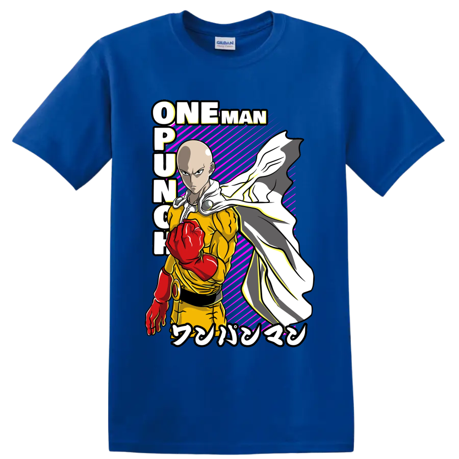 Saitama One-Punch Man action graphic with red glove, flowing cape, and magenta stripes on a Royal (Blue) T Shirt