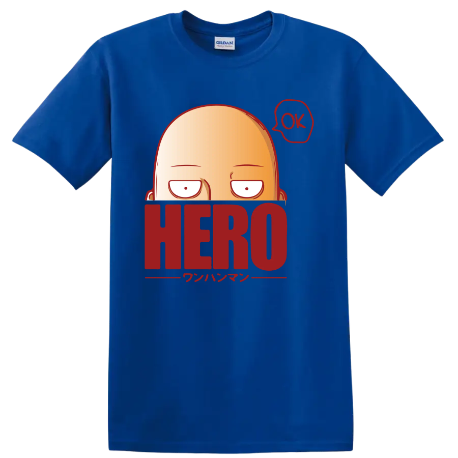 Saitama peeking over HERO lettering in a bold One-Punch Man cartoon graphic on a Royal (Blue) T Shirt