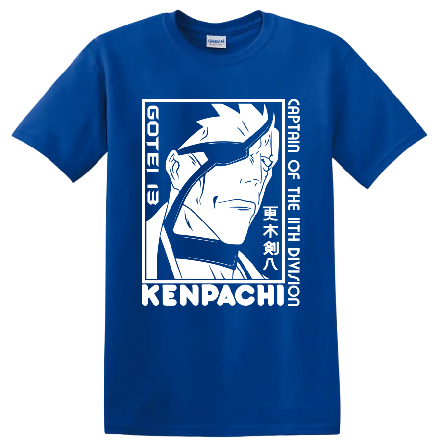 Kenpachi Zaraki black-and-white manga-style swordsman portrait graphic on a Royal (Blue) T Shirt
