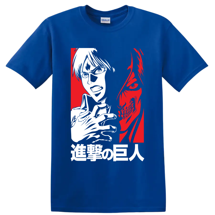 Eren Yeager and Attack Titan split-profile anime graphic on a Royal (Blue) T Shirt