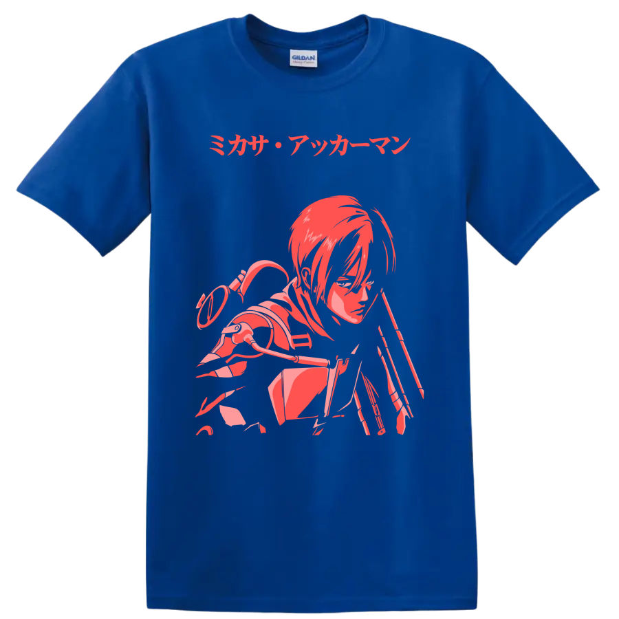 Mikasa Ackerman Attack on Titan red and pink anime action graphic with Japanese text on a Royal (Blue) T Shirt