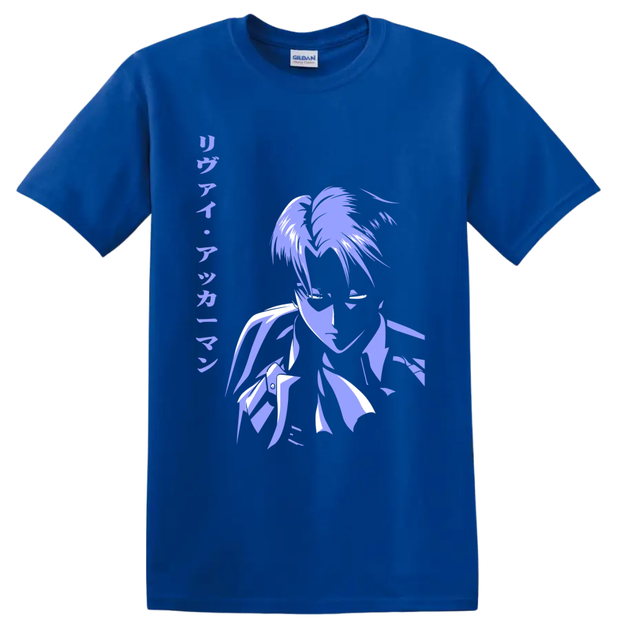 Levi Ackerman lavender and white manga-style portrait graphic from Attack on Titan on a Royal (Blue) T Shirt