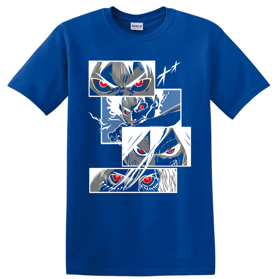 Eren Yeager Attack on Titan manga portrait collage with intense red-eyed faces on a Royal (Blue) T Shirt