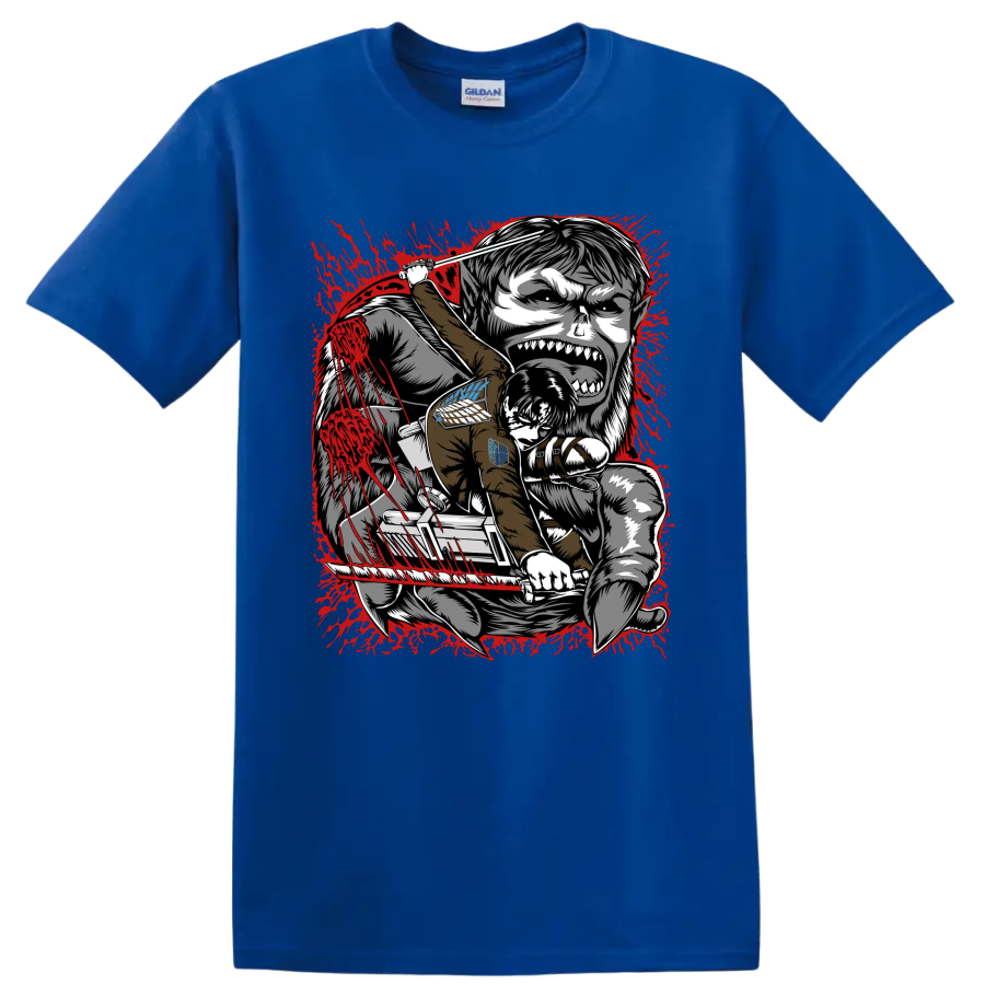 Levi Ackerman battling the Beast Titan in red splatter Attack on Titan manga art on a Royal (Blue) T Shirt