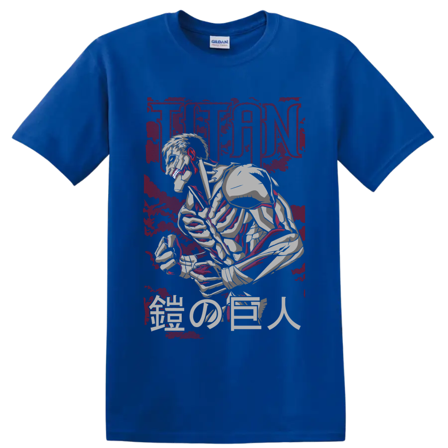 Armored Titan crouching in distressed manga art with TITAN and Japanese characters on a Royal (Blue) T Shirt