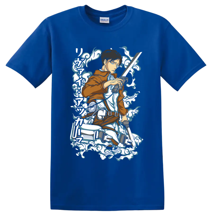 Levi Ackerman Scout Regiment action graphic with blades and swirling smoke accents on a Royal (Blue) T Shirt