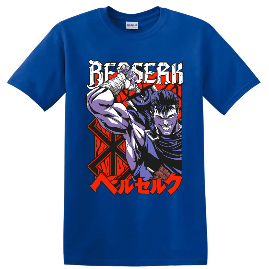 Guts from Berserk wielding a massive sword in bold gothic anime art on a Royal (Blue) T Shirt