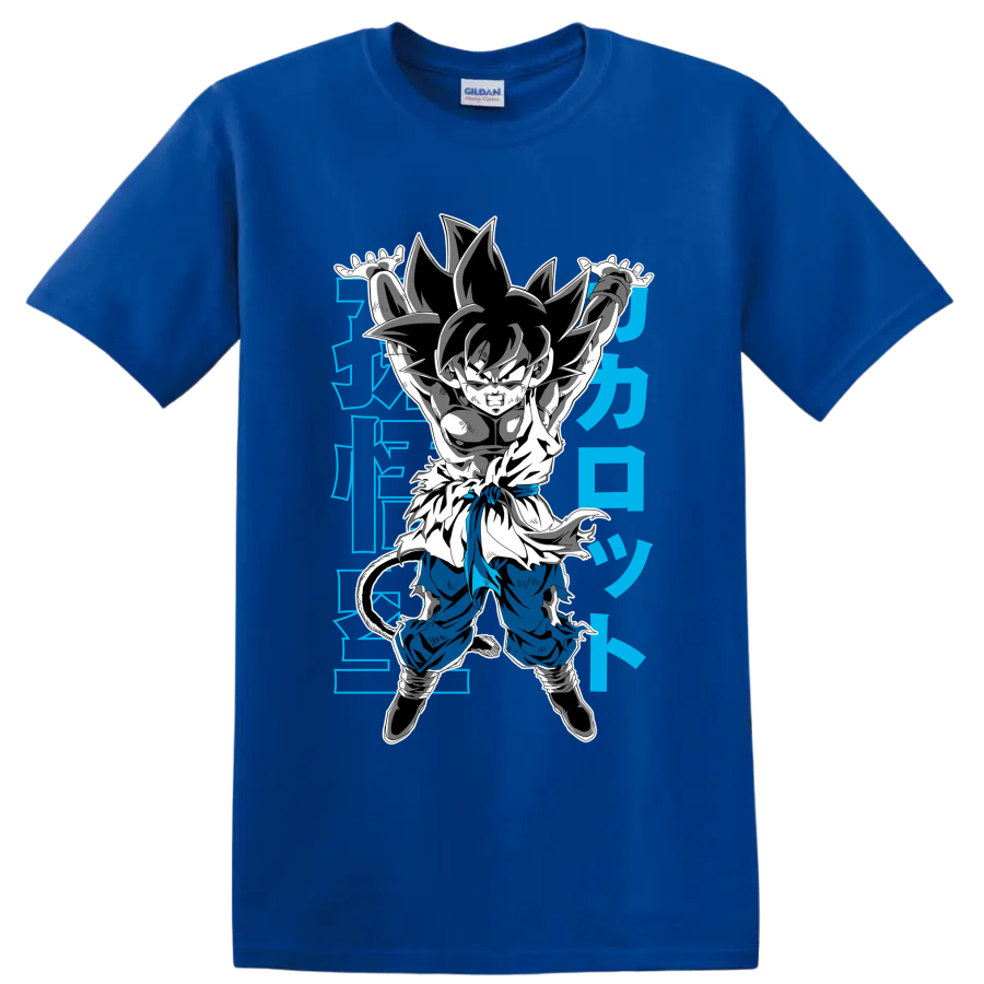 Kid Goku in a Genki Dama-inspired manga action pose with blue Japanese-style characters on a Royal (Blue) T Shirt