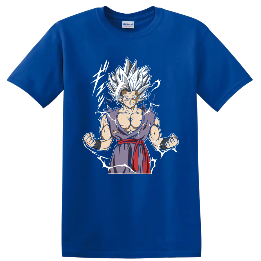Gohan Beast anime graphic with white hair, torn purple gi, red sash, and energy accents on a Royal (Blue) T Shirt