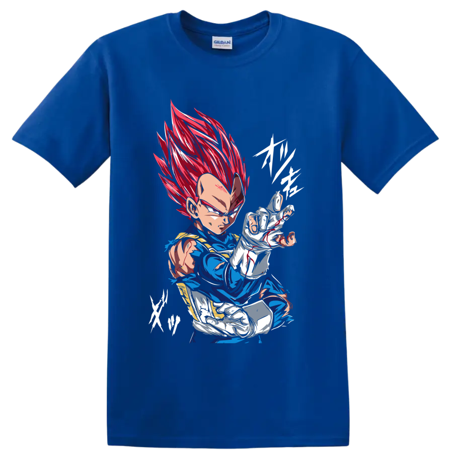 Vegeta Super Saiyan God in a fierce red-haired anime battle pose on a Royal (Blue) T Shirt