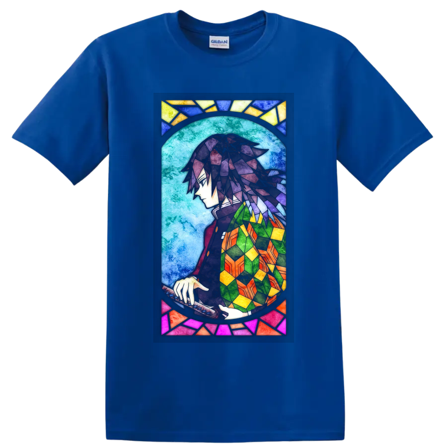 Giyu Tomioka stained-glass-style anime portrait with sword and colorful haori on a Royal (Blue) T Shirt