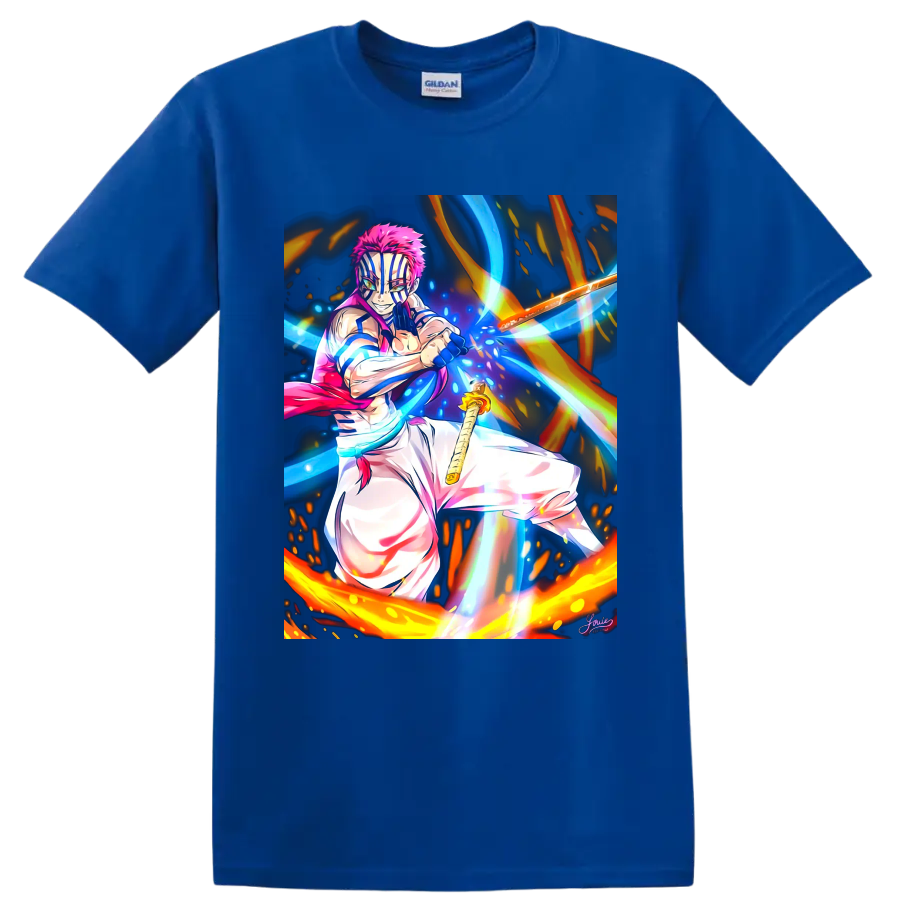 Akaza anime battle art with blue energy streaks, fiery arcs, and a sword on a Royal (Blue) T Shirt