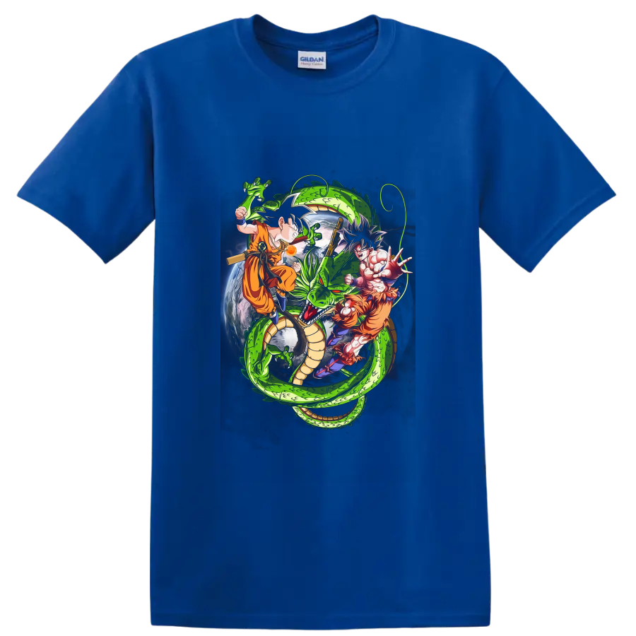 Goku and Shenron Dragon Ball manga-style action graphic with a cosmic Earth backdrop on a Royal (Blue) T Shirt