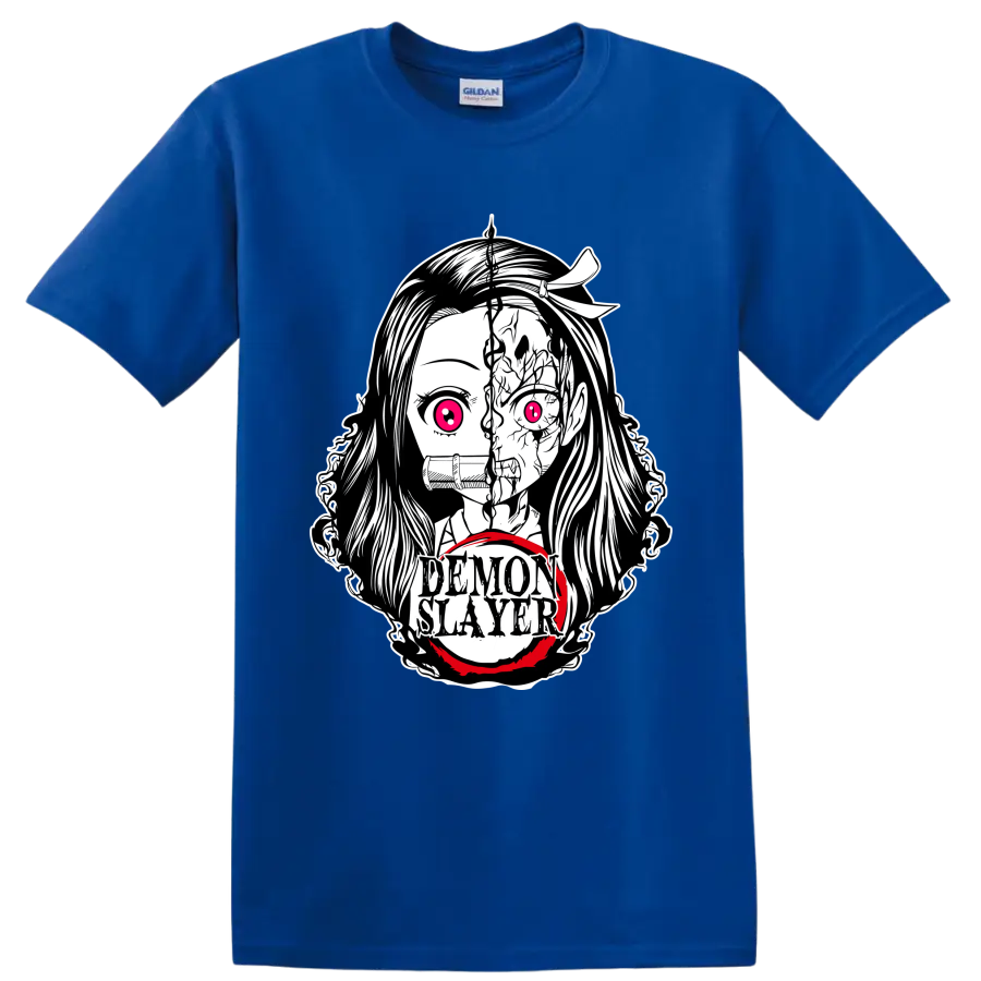 Nezuko Kamado split demon-form manga portrait with bamboo muzzle and Demon Slayer text on a Royal (Blue) T Shirt