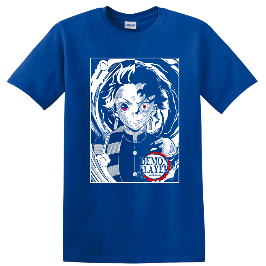 Rui from Demon Slayer in a high-contrast monochrome portrait with red accents on a Royal (Blue) T Shirt