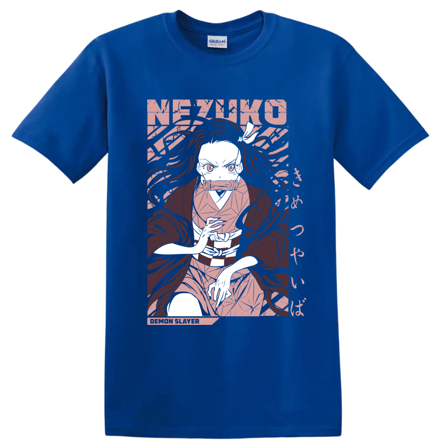 Nezuko Kamado manga-style portrait with flowing hair and bamboo muzzle on a Royal (Blue) T Shirt