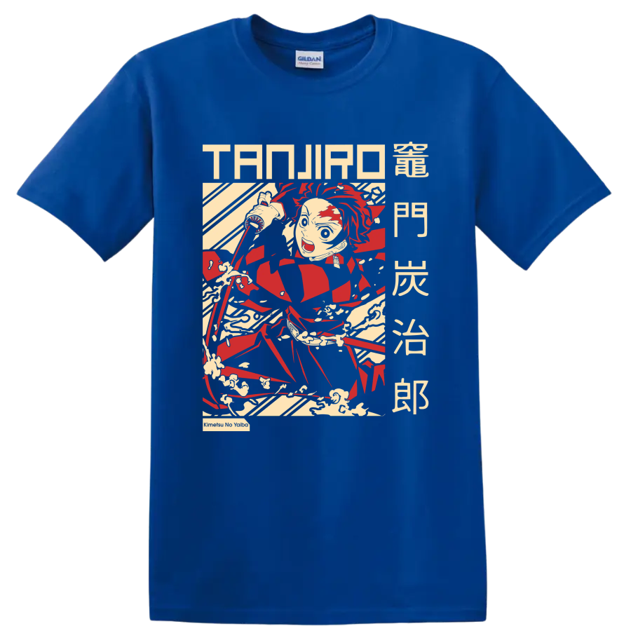 Tanjiro Kamado katana action graphic with manga lettering and sweeping motion lines on a Royal (Blue) T Shirt