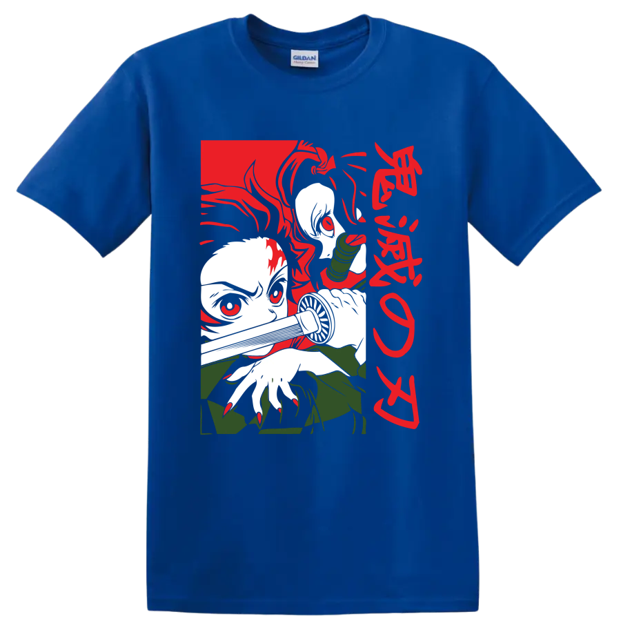 Tanjiro and Nezuko Kamado manga-style graphic with Nezuko's bamboo muzzle on a Royal (Blue) T Shirt
