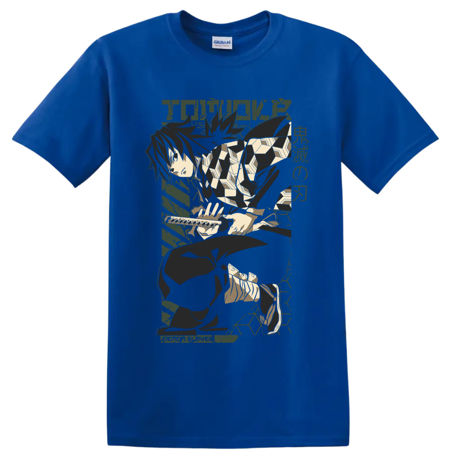 Giyu Tomioka seated with sword in a muted geometric anime graphic on a Royal (Blue) T Shirt