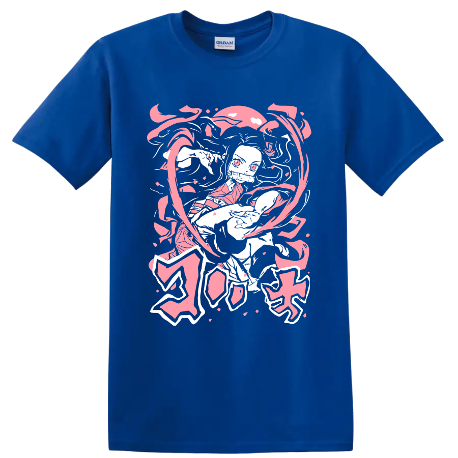Nezuko Kamado manga-style portrait with pink petals and flowing ribbon shapes on a Royal (Blue) T Shirt