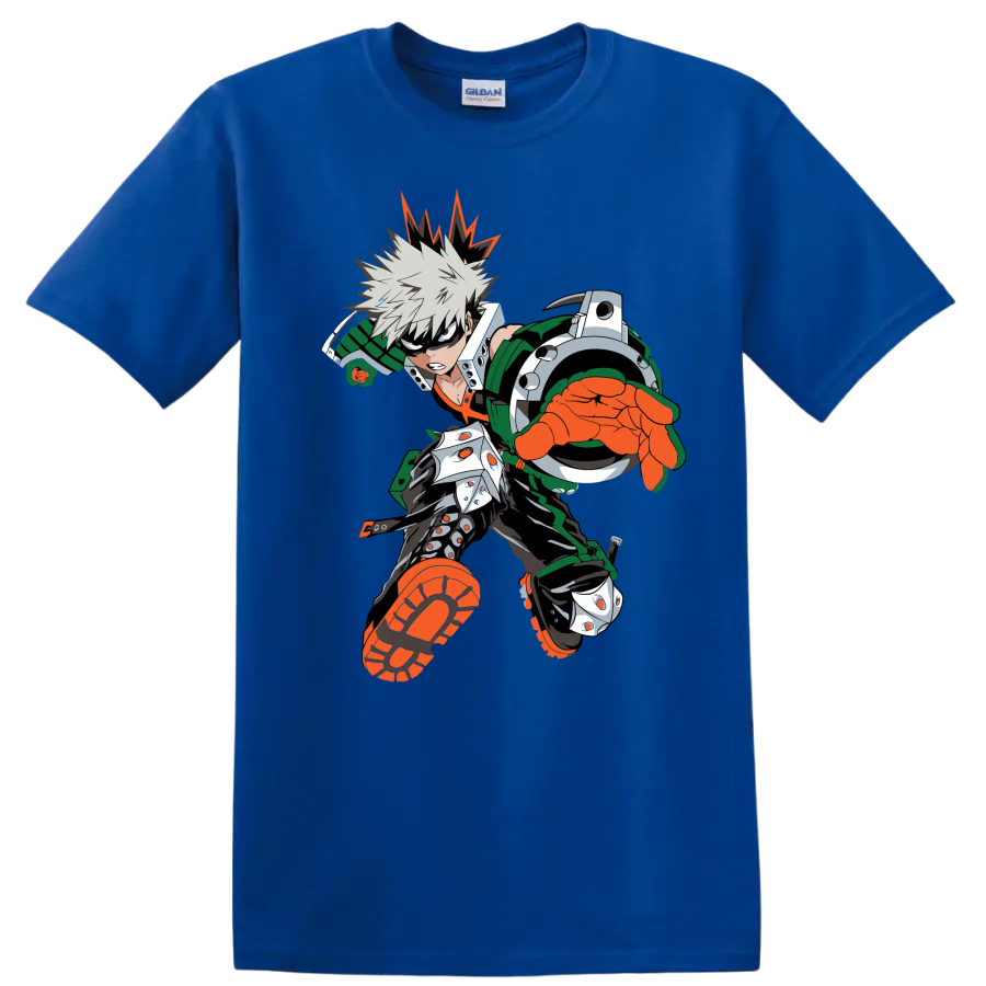 Katsuki Bakugo as Dynamight in a bold forward-charging anime action graphic on a Royal (Blue) T Shirt