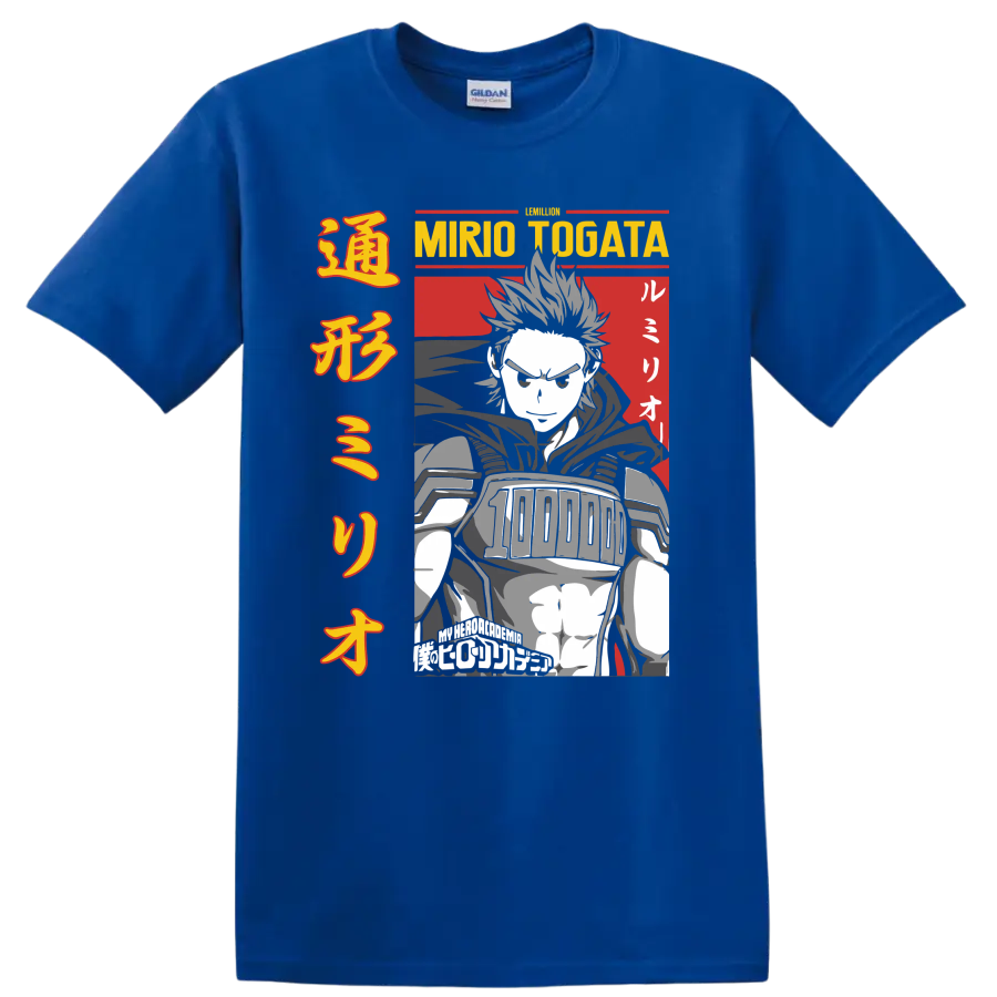 Mirio Togata Lemillion manga-style hero portrait with bold Japanese-inspired typography on a Royal (Blue) T Shirt