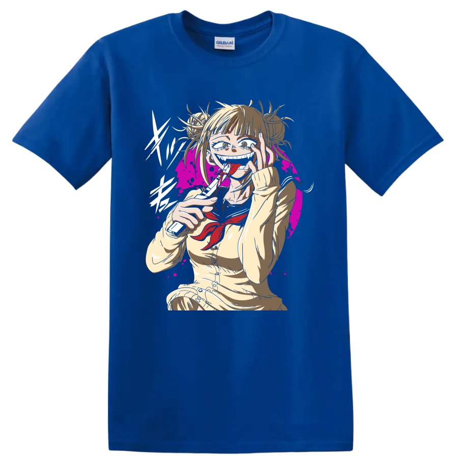 Himiko Toga anime illustration with blood accents and magenta splatter backdrop on a Royal (Blue) T Shirt