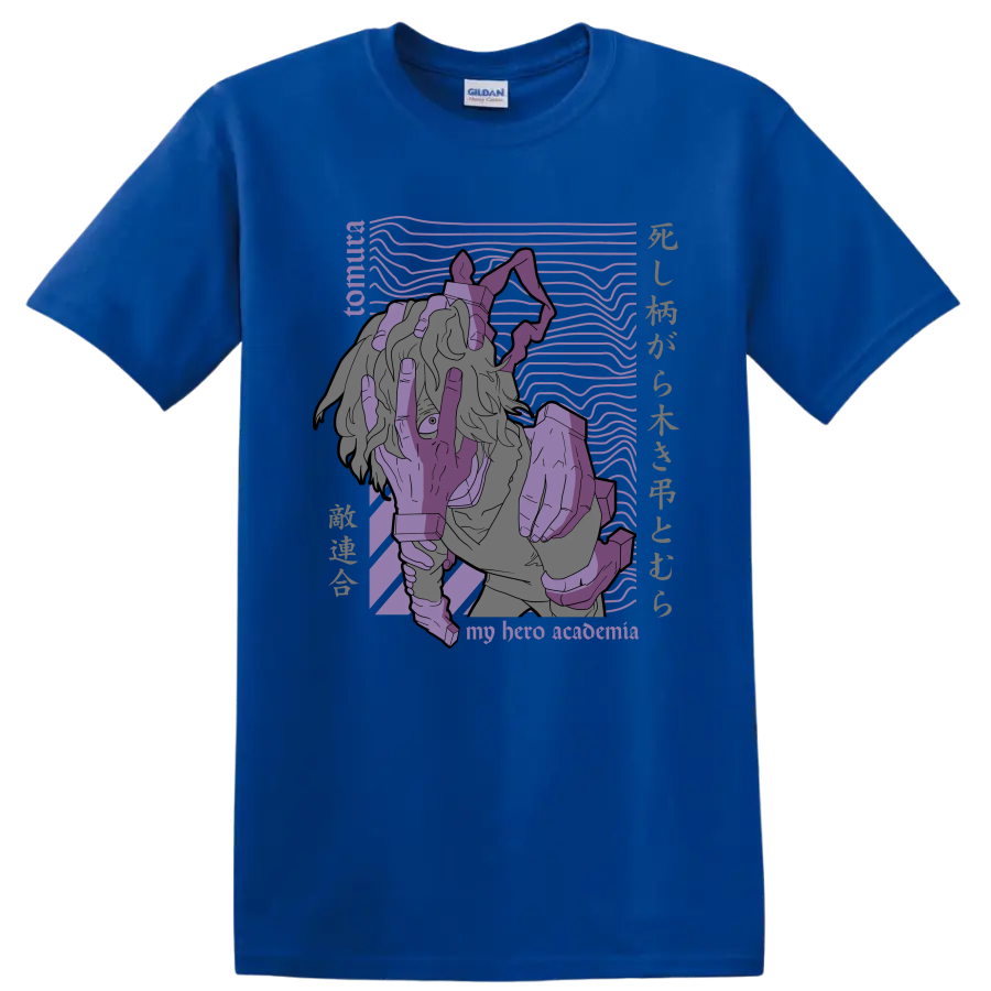 Tomura Shigaraki purple manga-style portrait with signature hand imagery on a Royal (Blue) T Shirt