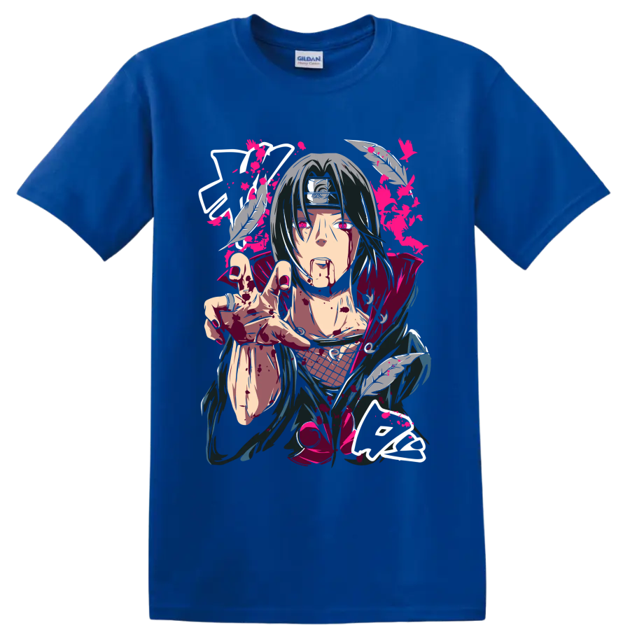 Itachi Uchiha dark manga portrait with feathers, crimson splatter, and pink accents on a Royal (Blue) T Shirt