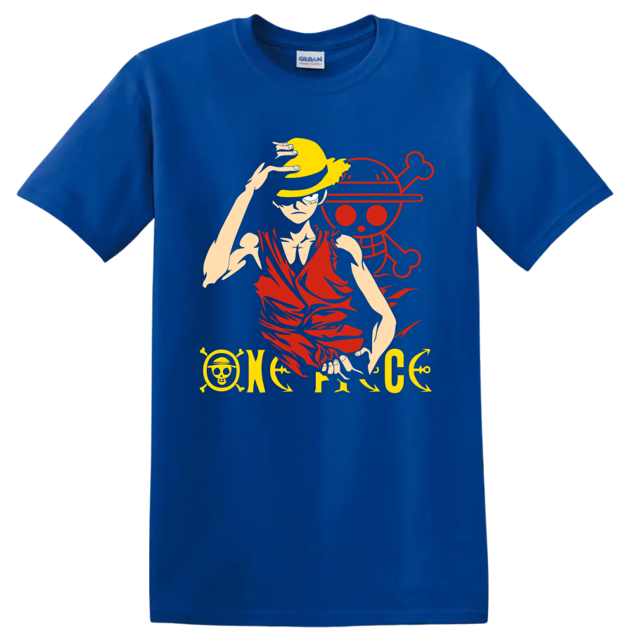 Monkey D. Luffy in a straw hat before a pirate skull anime graphic on a Royal (Blue) T Shirt