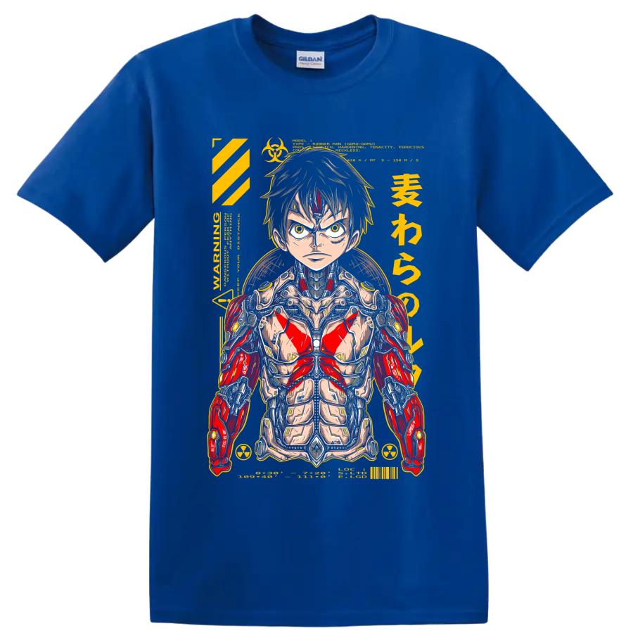 Monkey D. Luffy cyborg mecha manga portrait with red armor and yellow technical accents on a Royal (Blue) T Shirt