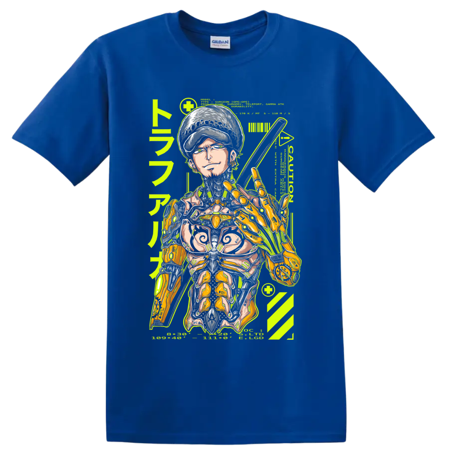 Trafalgar Law cyborg mecha manga graphic with sword and mechanical armor on a Royal (Blue) T Shirt