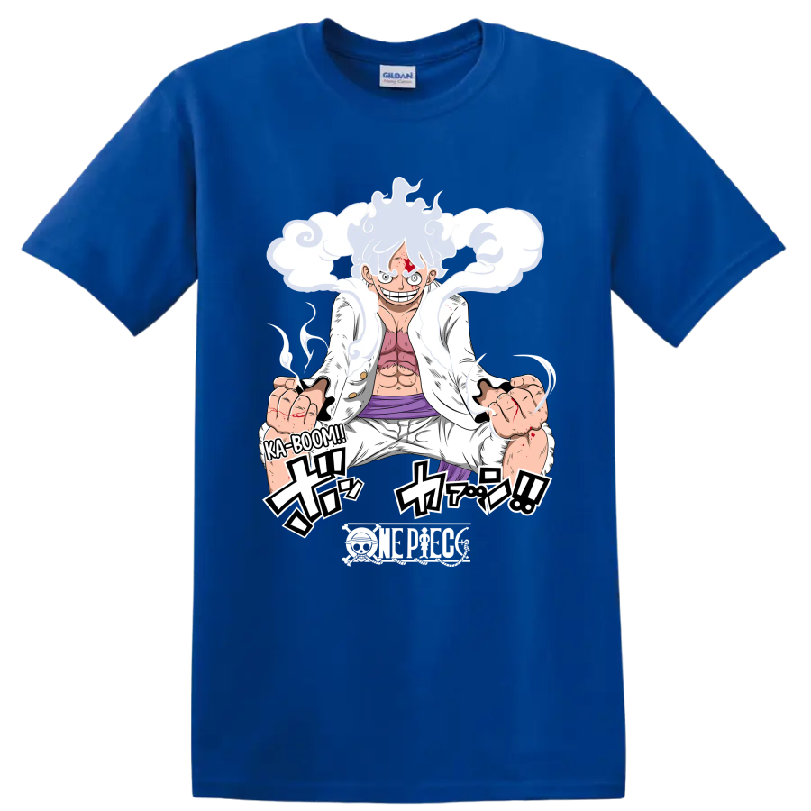 Monkey D. Luffy Gear 5 manga action art with swirling cloud effects on a Royal (Blue) T Shirt