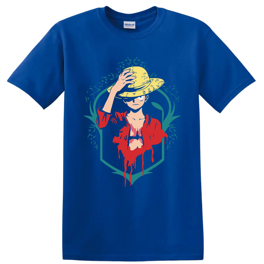 Monkey D. Luffy straw hat portrait in red jacket with teal ornamental graphic frame on a Royal (Blue) T Shirt