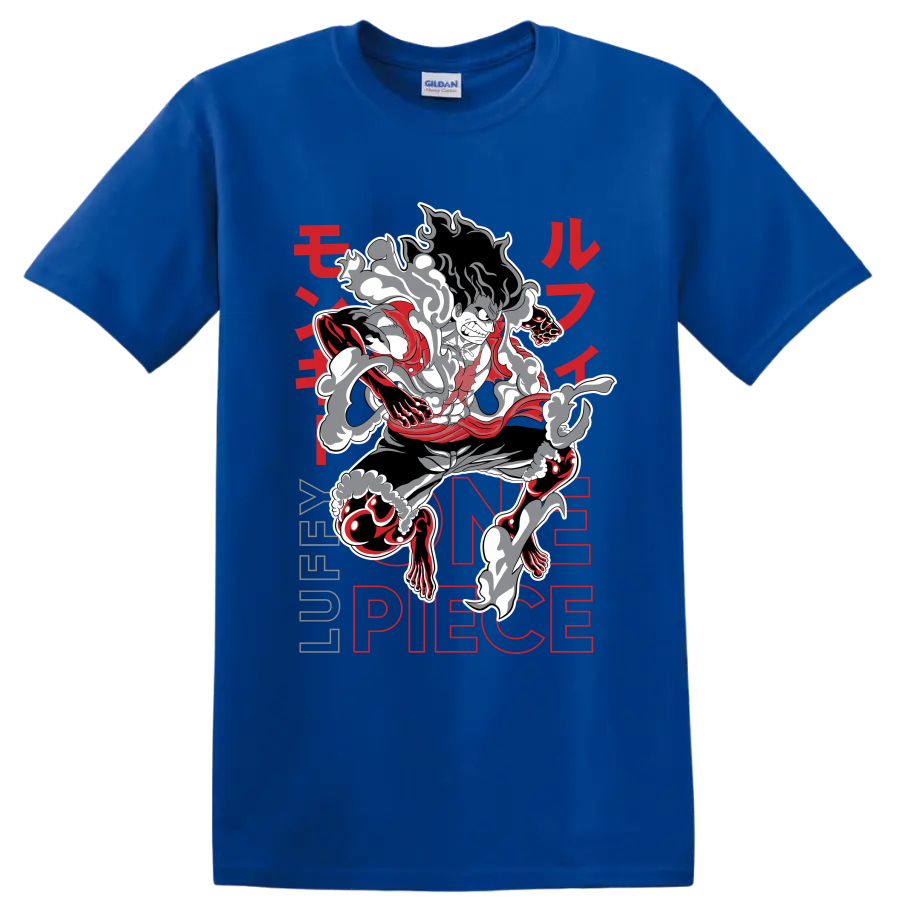 Monkey D. Luffy Gear 4 Snakeman manga-style action graphic with smoke effects on a Royal (Blue) T Shirt
