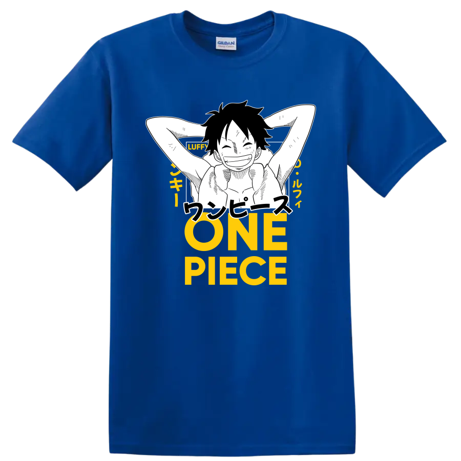 Monkey D. Luffy relaxed manga line art with Japanese text and yellow ONE PIECE lettering on a Royal (Blue) T Shirt