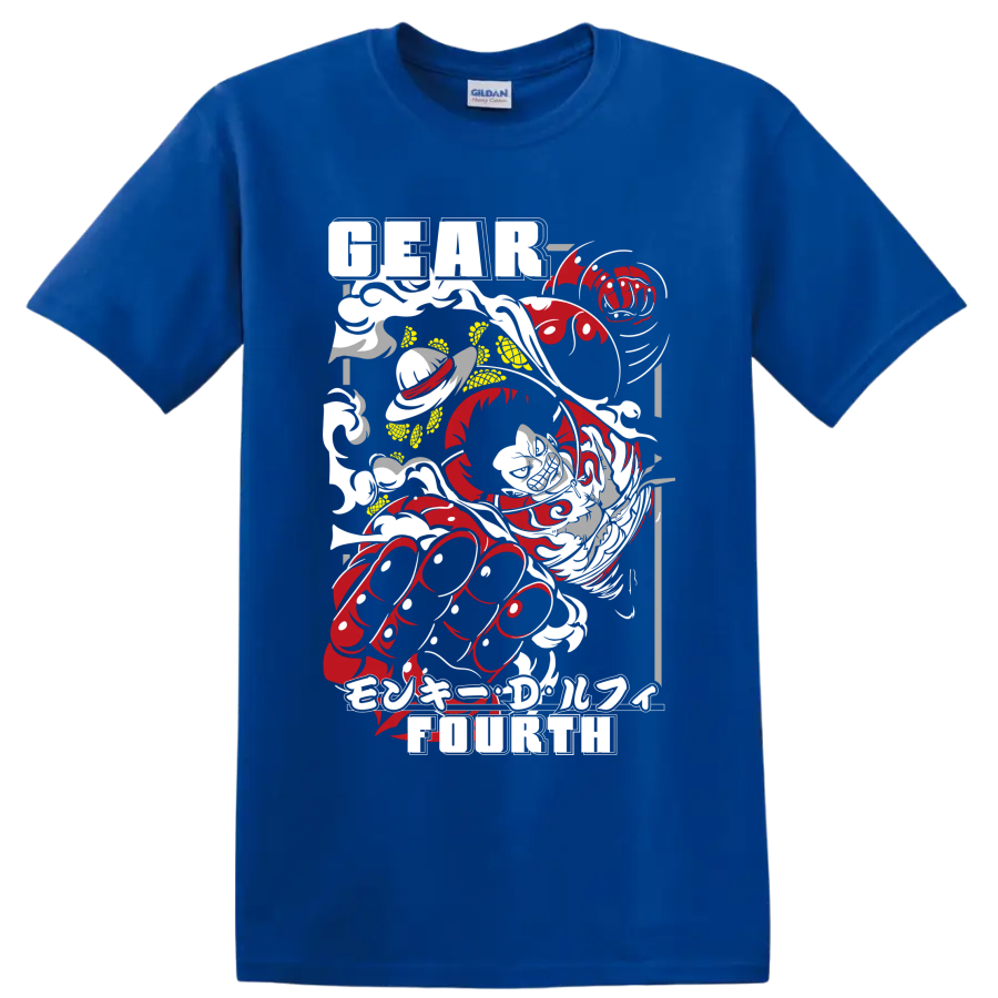 Monkey D. Luffy Gear Fourth distressed red and gray manga action graphic on a Royal (Blue) T Shirt