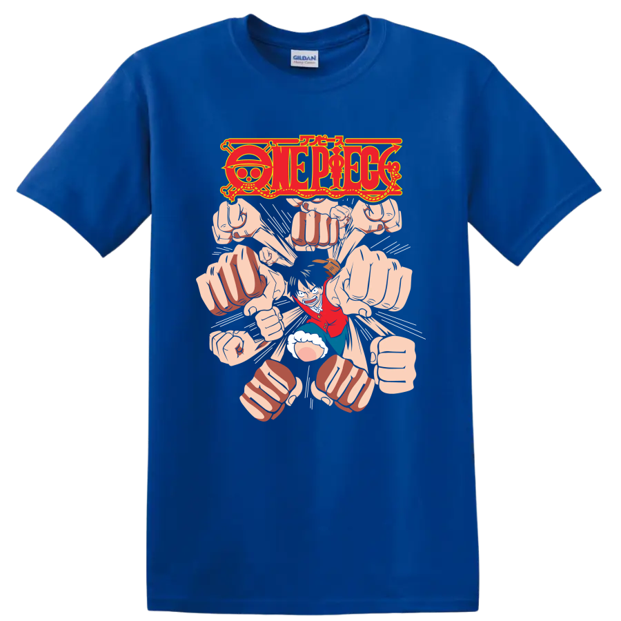 Monkey D. Luffy Gomu Gomu no Gatling manga graphic with One Piece logo and flying fists on a Royal (Blue) T Shirt