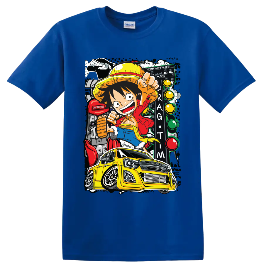 Monkey D. Luffy anime art with yellow Isuzu pickup and Thailook racing scene on a Royal (Blue) T Shirt