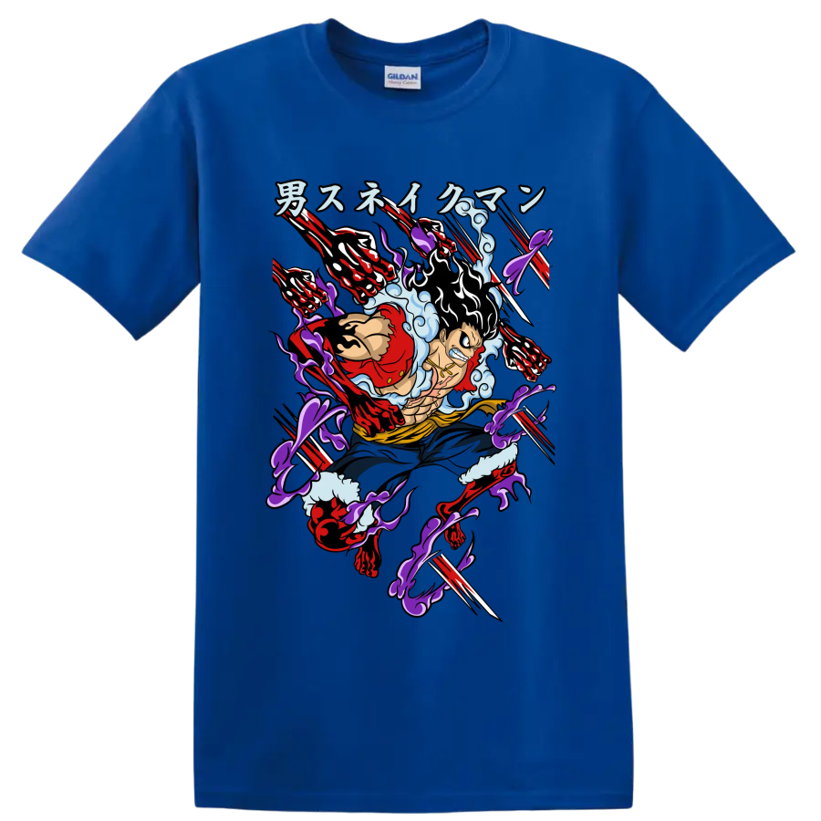 Monkey D. Luffy Gear 4 Snakeman anime-style action graphic with extended arms on a Royal (Blue) T Shirt