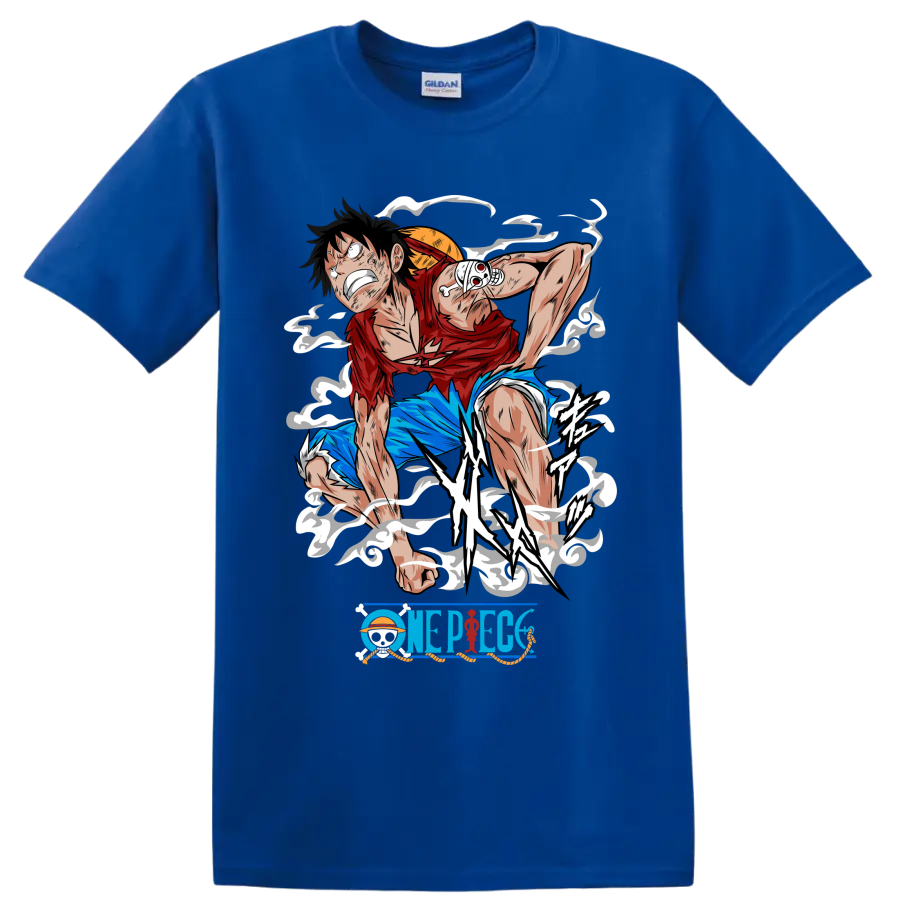 Monkey D. Luffy Gear 2 action graphic with steam effects and One Piece logo on a Royal (Blue) T Shirt